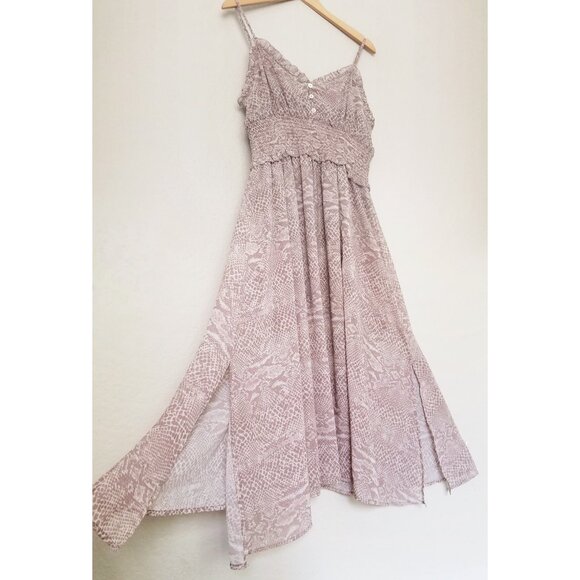 Cleobella Ruffle Trim Smocked Waist Midi Dress L Sleeveless Python Snake Slits - Picture 7 of 14